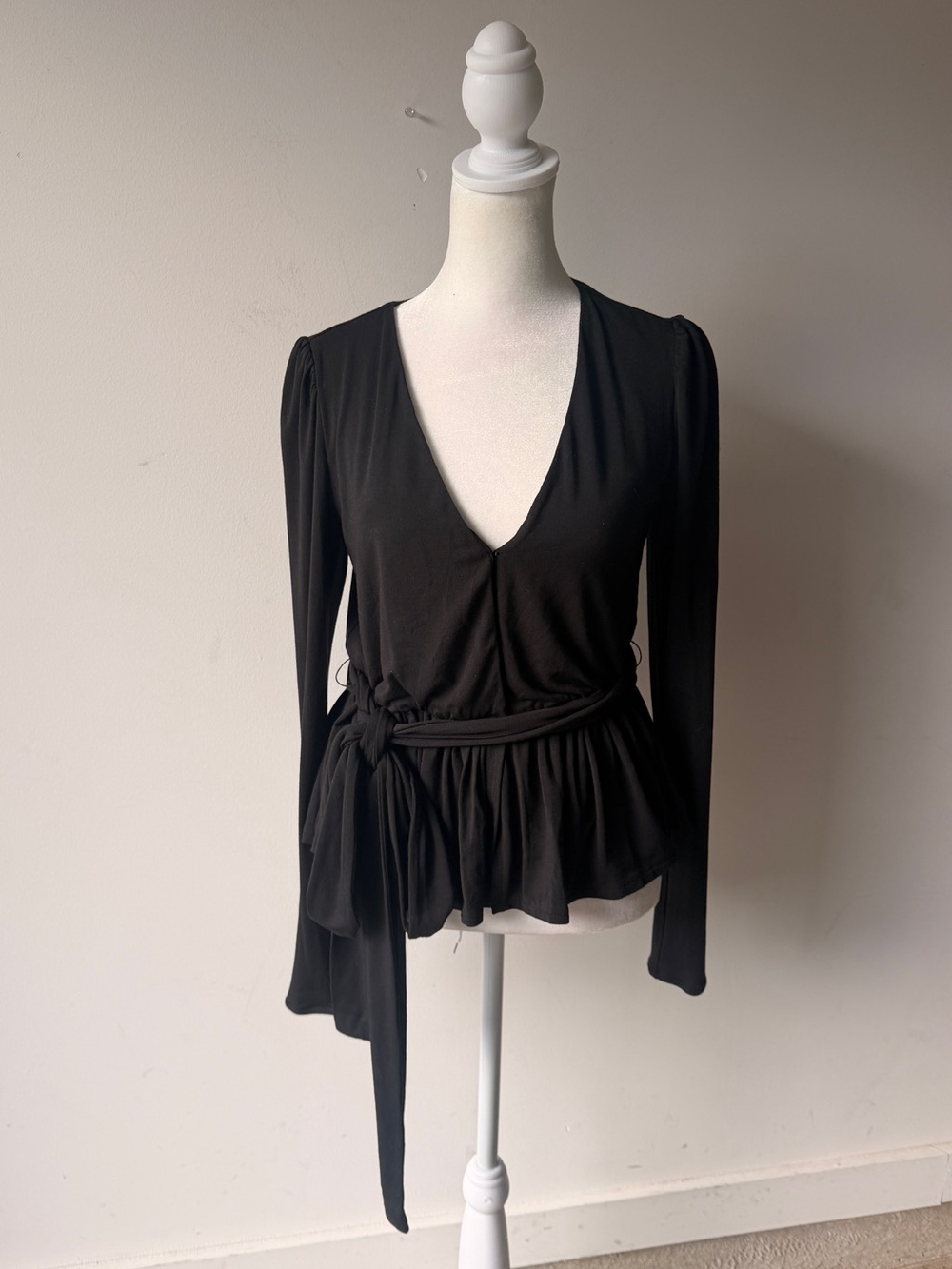 Rebecca Taylor Black Modal Wrap Peplum Top Long Sleeve Tie Waist Size S